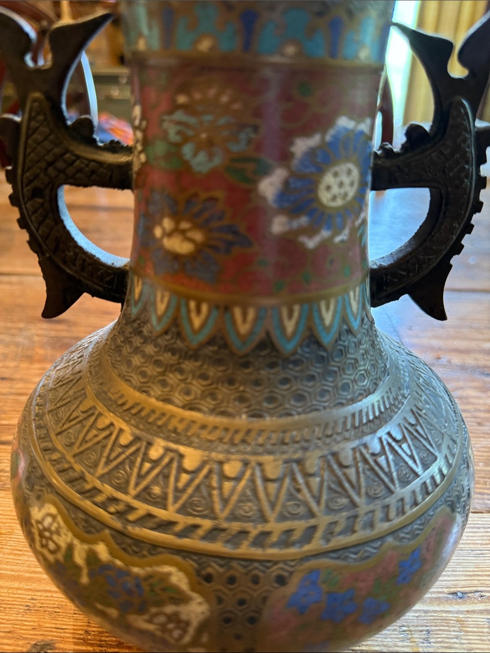 Antique-Style Brass Cloisonné Vase in Multicolor